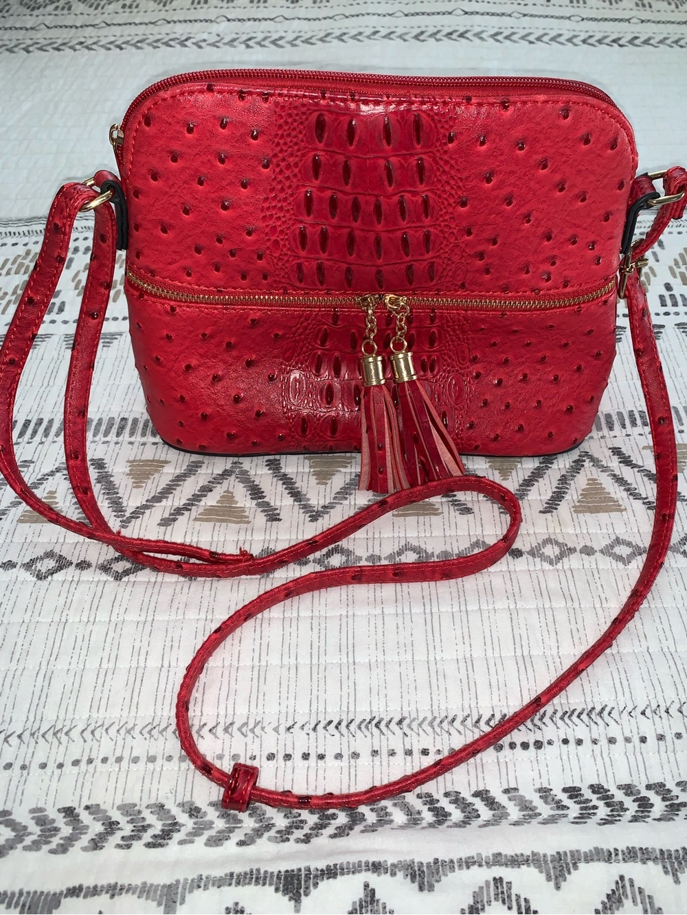 Chic Red Embossed Tassel Crossbody Bag